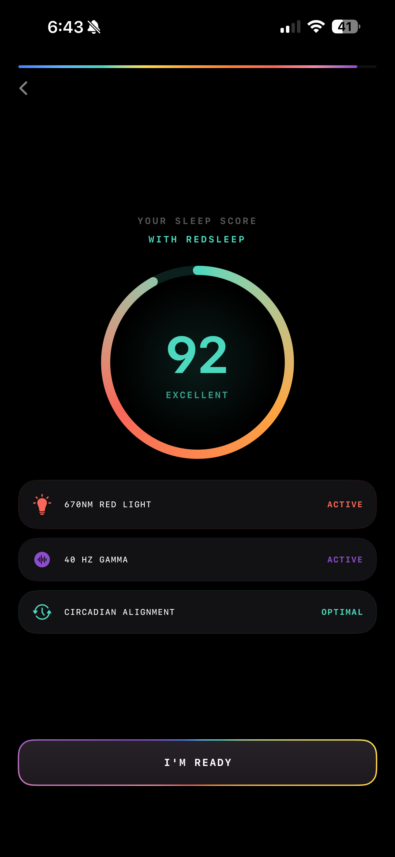 RedSleep sleep score showing 92 Excellent
